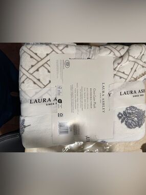 Laura Ashley Cream and Gray Floral & Lattice Plush Throw